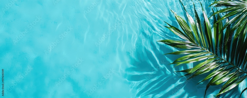 A vibrant blue pool reflecting sunlight, accompanied by a lush palm leaf, evoking a sense of relaxation and tropical paradise. A vibrant blue pool reflecting sunlight, accompanied by a lush palm leaf, evoking a sense of relaxation and tropical paradise.