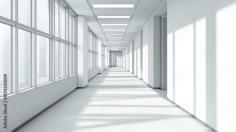 Close up of a long, bright corridor in a modern office building. Ai generated image Close up of a long, bright corridor in a modern office building. Ai generated image