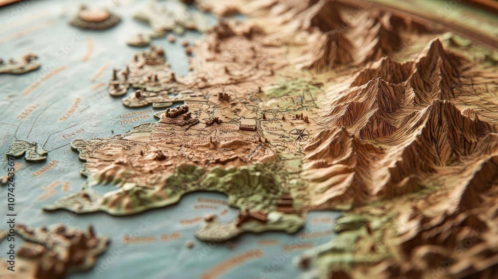 Close-up of a detailed world map with country names and small geographical details Close-up of a detailed world map with country names and small geographical details