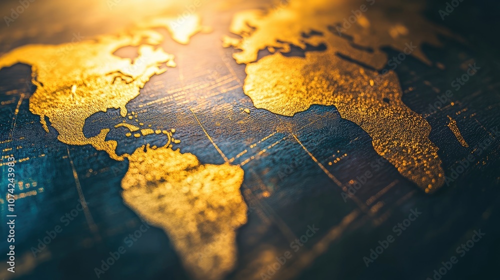 Close-up of a world map with highlighted continents, sharp lines and bright contrast Close-up of a world map with highlighted continents, sharp lines and bright contrast