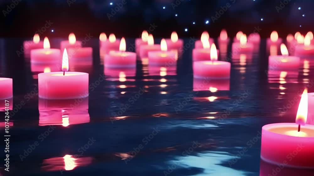 Glowing candles on water: serene pink flames reflecting in night sky Glowing candles on water: serene pink flames reflecting in night sky