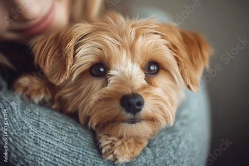 Cute Dog Looking Up with Warm Eyes and Paw on Lap