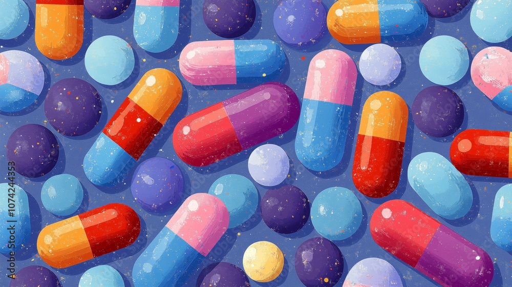 Colorful Variety of Pills and Capsules on a Vibrant Background Colorful Variety of Pills and Capsules on a Vibrant Background