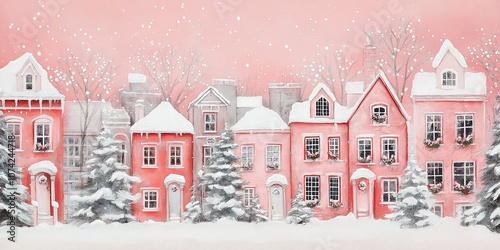 Pink winter wonderland houses covered in snow falling on christmas eve