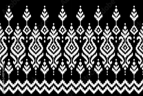 Hand drawn tribal style fabric pattern. Ethnic Ikat oriental seamless pattern. Edge decoration. for carpet, clothing, batik, motif.