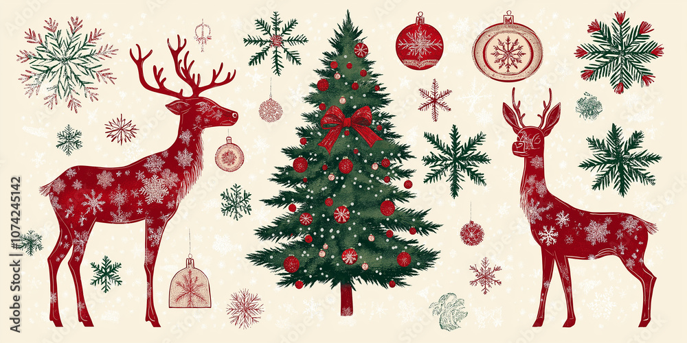 Christmas reindeer, christmas tree and ornaments celebrating christmas eve