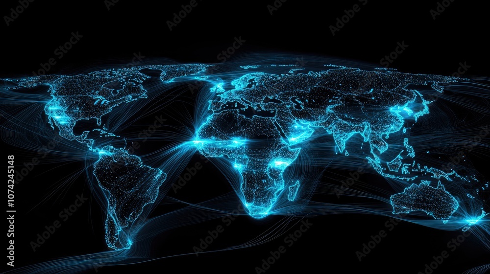 High-tech world map with electric blue lines and glowing data points overlaid High-tech world map with electric blue lines and glowing data points overlaid