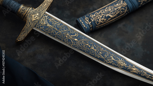 Fantasy sword with golden engravings resting on dark background with sheath