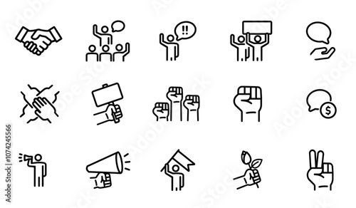 Activism social justice activism in democracy icon symbol set collection crowd having protest political campaign