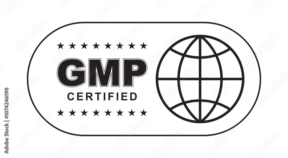 GMP Certified label, Good Manufacturing Practice Black Rounded Rectangle sticker Badge with stars and globe icon for Supplement, Quality Control, Medical Health Design Element Vector Illustration GMP Certified label, Good Manufacturing Practice Black Rounded Rectangle sticker Badge with stars and globe icon for Supplement, Quality Control, Medical Health Design Element Vector Illustration