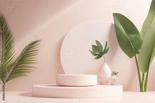 Minimalist Product Display with Green Leaves and Pink Platforms