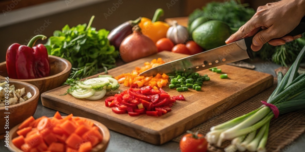 Cooking with Care A hand skillfully chopping fresh vegetables on a ting board showing a variety of colors including rich greens vibrant reds and earthy browns. Cooking with Care A hand skillfully chopping fresh vegetables on a ting board showing a variety of colors including rich greens vibrant reds and earthy browns.