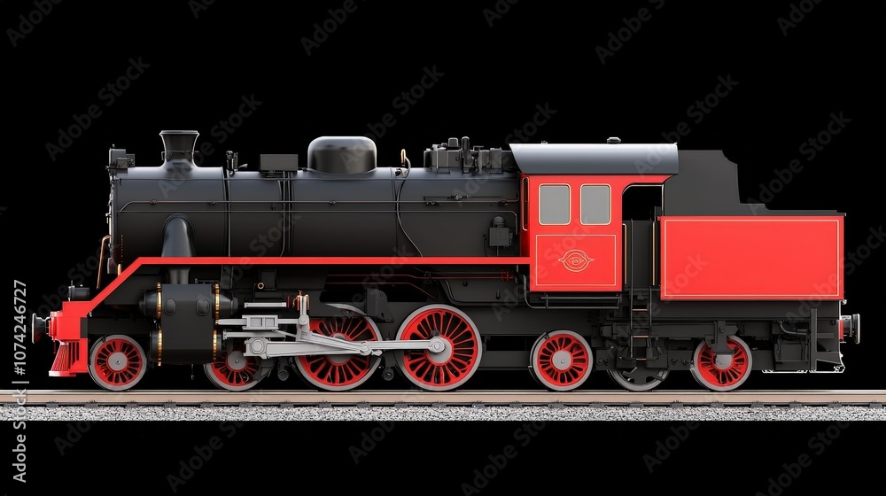 Naklejka premium Vintage Steam Locomotive 3D Render Black Background Red and Black Design Train Railroa