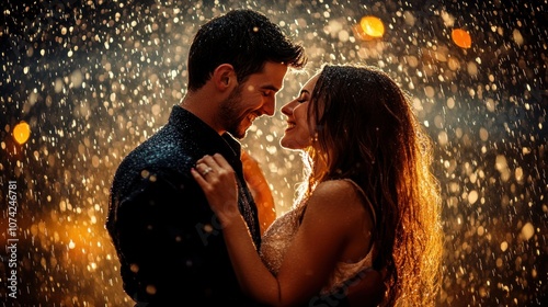 A Couple Embracing in the Rain Under City Lights