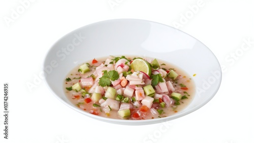 Zesty Fresh Seafood Ceviche with Shrimp, Lime, and Herbs in a White Bowl