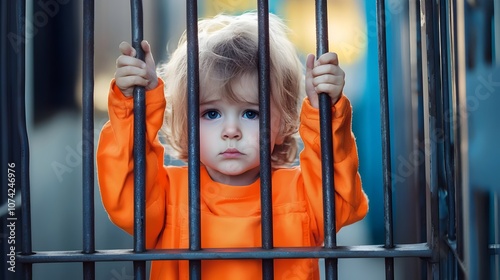 Young child imprisoned captured in confinement behind bars in orange jumpsuit in detention center