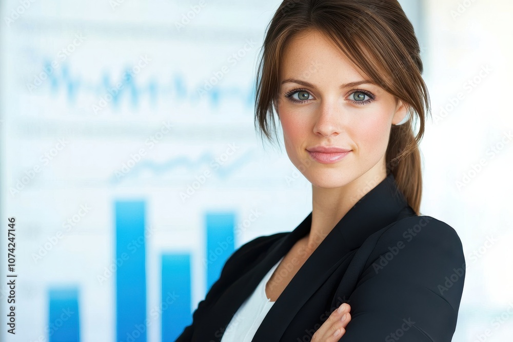 Confident businesswoman standing in front of bar graph showing growth Confident businesswoman standing in front of bar graph showing growth