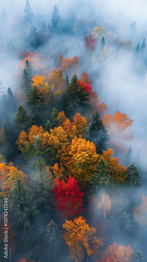 Aerial Photography of Vibrant Autumn Foliage and Soft Fog Aerial Photography of Vibrant Autumn Foliage and Soft Fog