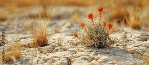 A single cluster of red wildflowers blooms amidst the dry cracked earth of a desert landscape.