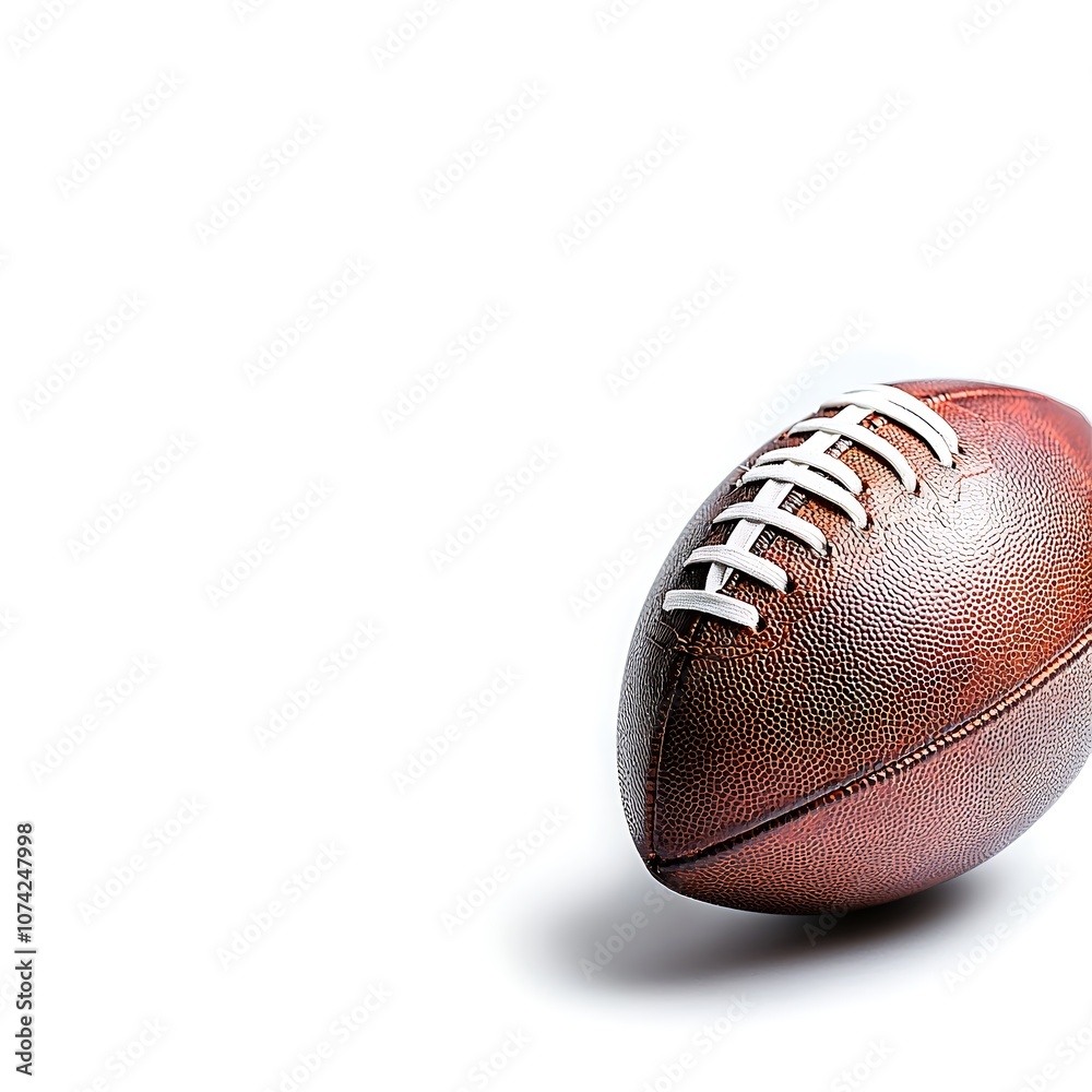 A close-up of an American football, with detailed texture of the leather and laces, centered on a white background. The sharp focus on the ball emphasizes its quality, creating a dynamic and A close-up of an American football, with detailed texture of the leather and laces, centered on a white background. The sharp focus on the ball emphasizes its quality, creating a dynamic and