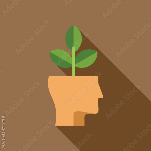Green plant growing from a human head symbolizes new ideas, creativity, and innovation