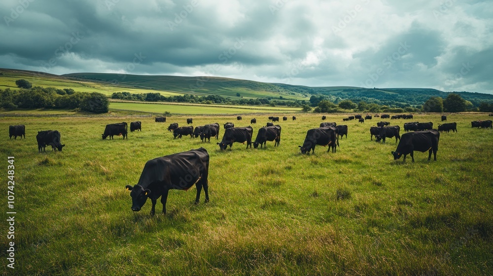A serene landscape featuring a herd of cows grazing in a lush green field under cloudy skies. A serene landscape featuring a herd of cows grazing in a lush green field under cloudy skies.