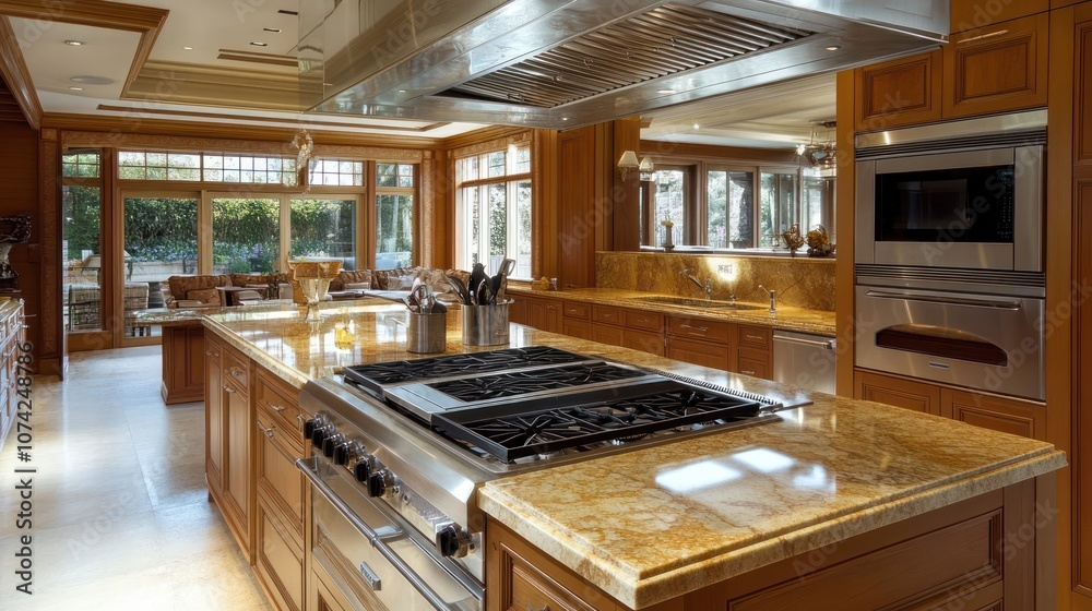 Luxury chef's kitchen with marble countertops, stainless steel appliances, and island seating Luxury chef's kitchen with marble countertops, stainless steel appliances, and island seating