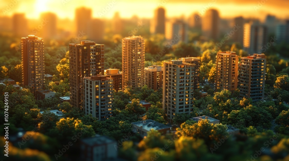 Obraz premium Sunset over a cityscape with residential buildings and greenery.