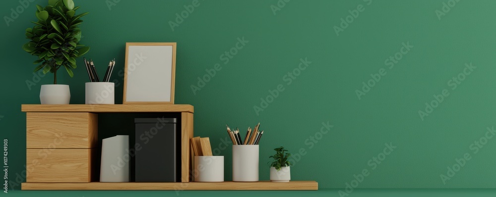 A modern desk with decorative plants and stationery, set against a vibrant green wall, creating a fresh and organized workspace aesthetic.