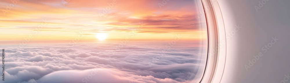 A breathtaking sunrise view from an airplane window above clouds. A breathtaking sunrise view from an airplane window above clouds.