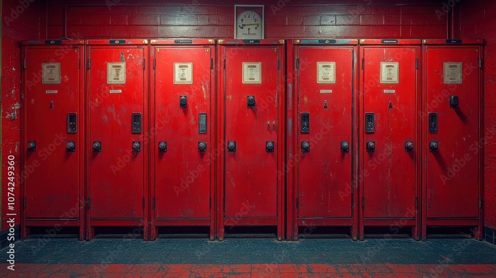 Row of red lockers with black handles in a dimly lit room. Row of red lockers with black handles in a dimly lit room.