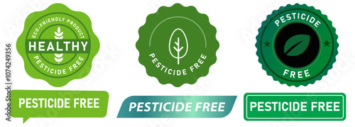 Pesticide free packaging warn information stamp badge watermark green seal emblem guarantee protection safe pest control risk chemical health icon set design collection