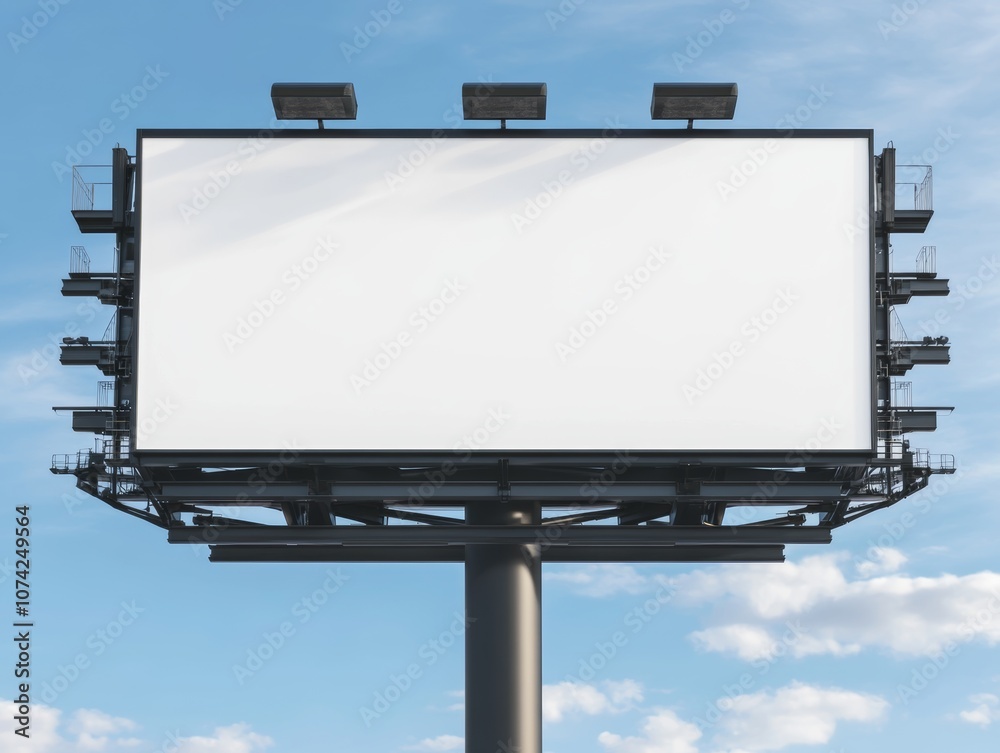 A blank billboard stands against a blue sky, ready for advertising messages. A blank billboard stands against a blue sky, ready for advertising messages.