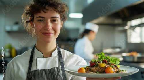 Confident Chef Showcases Artistic Culinary Creation in Modern Kitchen Setting