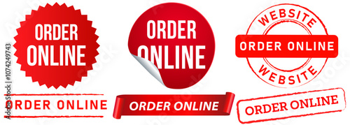 Order online shopping website e-commerce service shop market modern buy sell booking stamp red badge sticker seal banner watermark sale icons set design collection
