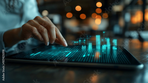 business professional’s hand operates a digital tablet in a modern office setting, symbolizing technology-driven productivity, connectivity, and efficiency in a work environment. Ideal for business an