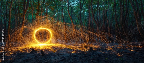 Long Exposure Speed Motion Abstract Of Steel Wool At Twight Beside Mangrove Forest photo