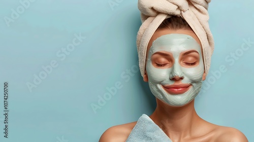 Isolated against a gentle blue backdrop, a close-up of a European woman wearing a clay mask on her face and a towel on her head, encouraging self-care and beauty.