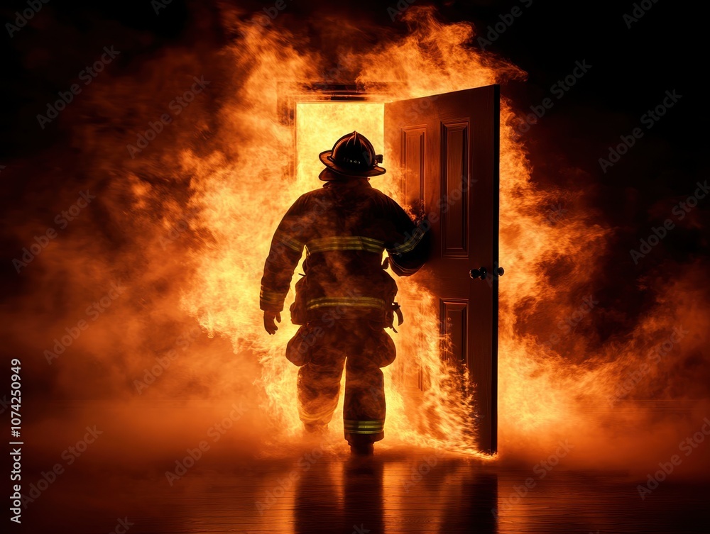 Firefighter entering a blazing doorway, symbolizing bravery and emergency response. Firefighter entering a blazing doorway, symbolizing bravery and emergency response.