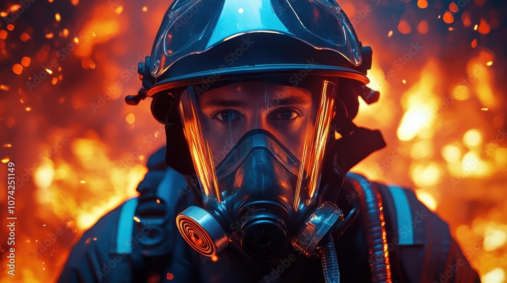 Portrait of a brave firefighter in protective gear amidst a blazing inferno. Portrait of a brave firefighter in protective gear amidst a blazing inferno.