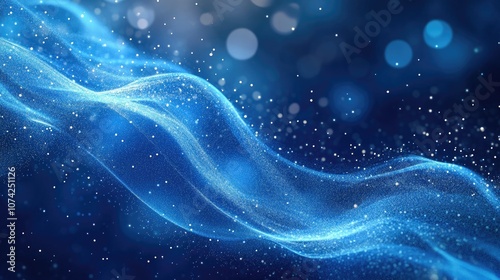 Abstract blue backdrop featuring flowing lines and luminous particles