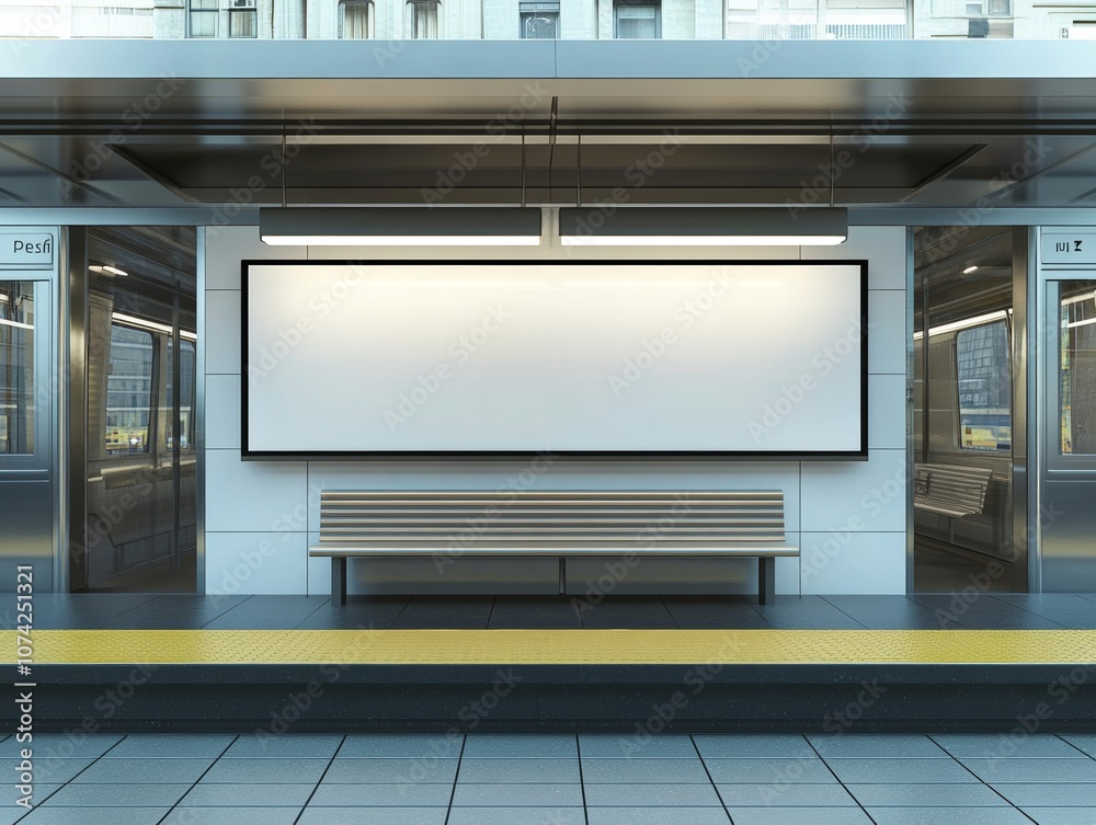 An empty subway station with a bench and a blank advertisement board. An empty subway station with a bench and a blank advertisement board.