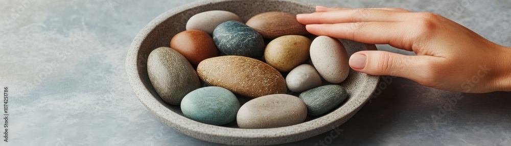 A hand gently touches smooth stones in a serene setting. A hand gently touches smooth stones in a serene setting.