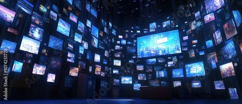 A dark room filled with numerous screens displaying various images and videos.