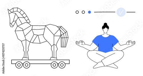 Woman in blue shirt meditating beside geometric Trojan horse on wheels. Progress indicator with dots and a checkmark above. Ideal for cybersecurity, mindfulness, balance, technology, progress