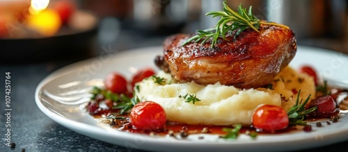 Roasted chicken with mashed potatoes and cherry tomatoes on a white plate. photo