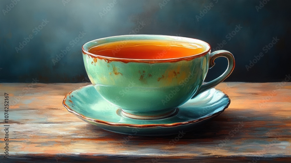 Obraz premium A beautifully crafted cup of tea on a rustic wooden table.