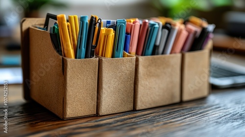 A desk organizer filled with colorful pens and markers.