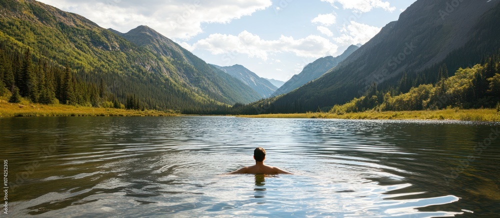 Person swimming in a serene lake, surrounded by mountains Person swimming in a serene lake, surrounded by mountains