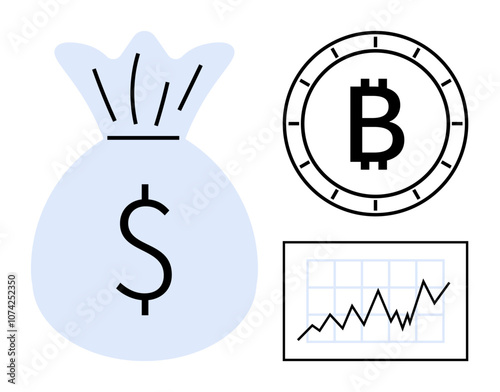 Money bag with dollar sign, bitcoin symbol in a circle, and a rising line graph. Ideal for financial growth, investments, cryptocurrency, savings, economy, market trends, business analytics. Line